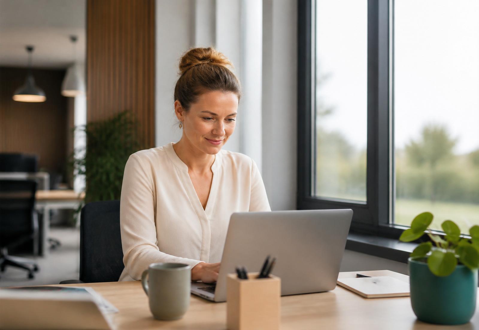 HR-professional werkt in VernaOS vanuit een modern Nederlands kantoor